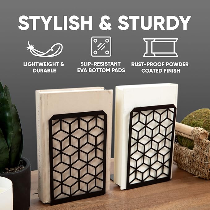 Geomod 3D Cube Black Metal Bookends Decorative for Heavy Books - Sturdy Boho Book Stops - Minimal Book Shelf Stopper - Durable Office Bookends - Weighted Metal Book Holders - 7x4.75 Inches - 3 Pair