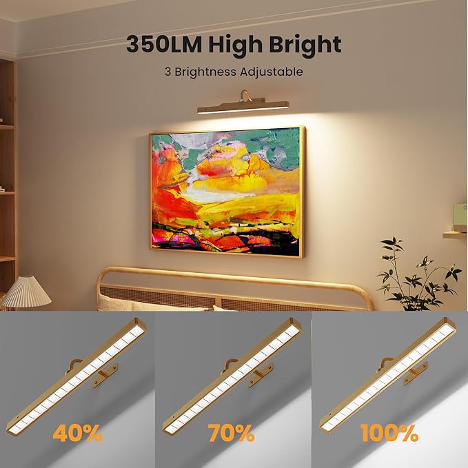4 Pack Brass Picture Lights for Wall Art, 5000mAh Cordless Gallery Lighting Battery Operated Rechargeable, 3 Color Temps with Remote Control Wall Light for Picture Frame Artworking Portrait