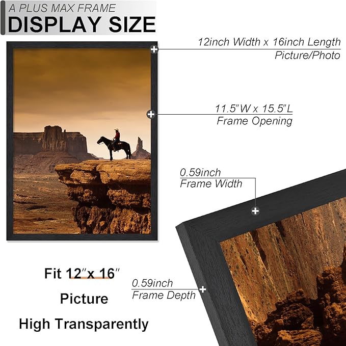 A PLUS MAX 12x16 Picture Frame Set of 6, Engineered Wood Frame Display Photo 8.5x11 with Mat or 12 x 16 without Mat, 12by16 Frame with Black Wood Grain for Wall - 6 Pack/Black/12 x16