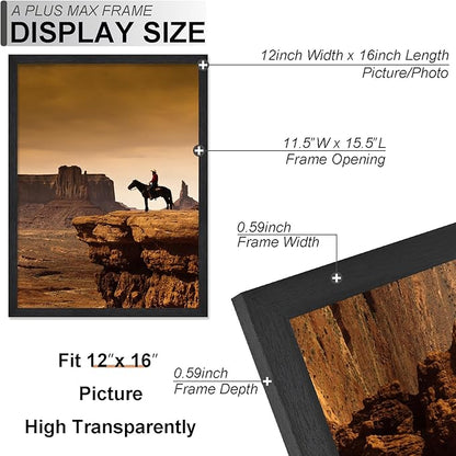 A PLUS MAX 12x16 Picture Frame Set of 6, Engineered Wood Frame Display Photo 8.5x11 with Mat or 12 x 16 without Mat, 12by16 Frame with Black Wood Grain for Wall - 6 Pack/Black/12 x16
