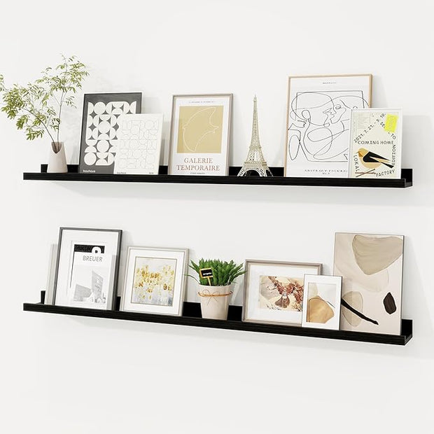 Picture Ledge Shelf, Floating Shelves Set of 2, 40 Inches Solid Wood Nursery Book Shelves for Toys Storage, Kids Bookshelf Wall Mounted for Living Room Bedroom Decor Books Photo Frames, Black