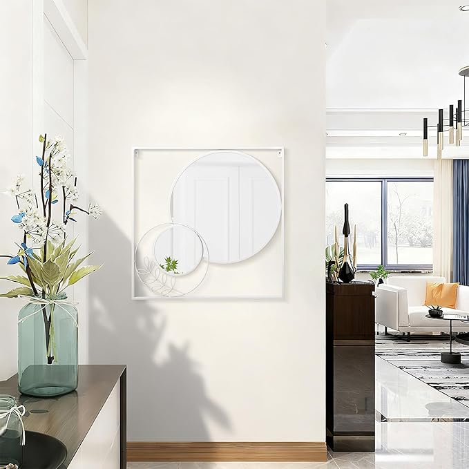 White Circle Wall Mirror, Square Wall Mounted Mirror Set Round Modern Art Decorative Mirrors for Living Room Bathroom 24x24 Inch Decor