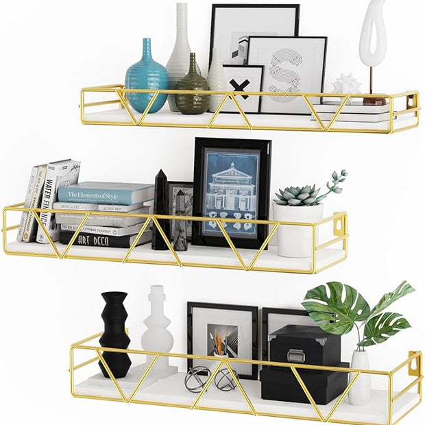 Floating Shelves Set of 3, Home Wood Wall Shelf, Farmhouse Shelf for Bedroom, Wall Mounted Floating Shelf for Living Room, Bedroom, Bathroom, Kitchen, Office (Gold)
