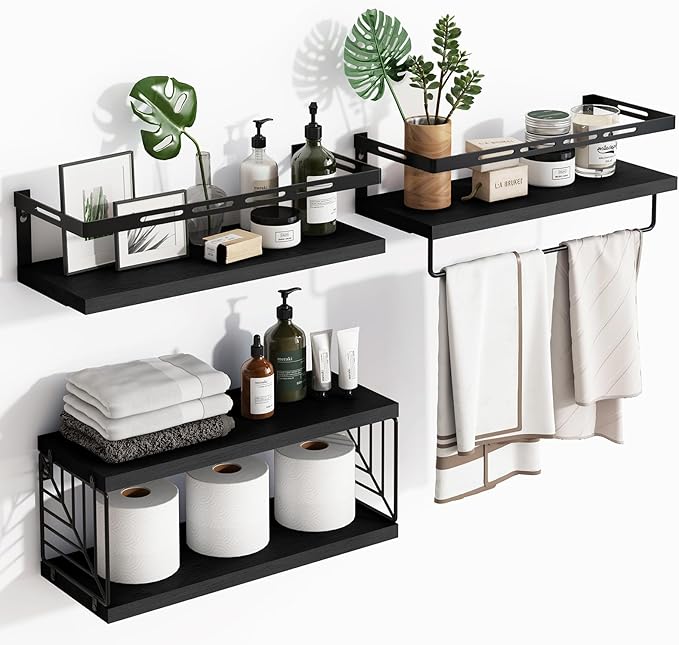 Fixwal 3+1 Tier Wall Mounted Bathroom Shelves Over Toilet, Rustic Wood Floating Shelves with Metal Frame and Towel Bar for Bathroom, Kitchen, Bedroom, Living Room (Black)