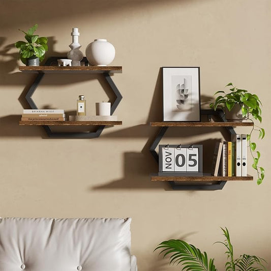 Floating Shelf- Floating Shelf for Wall Set of 2, 2 Tier Shelves for Wall for Bathroom, Bedroom, Toilet, Kitchen, Living Room, Office, Rustic Brown