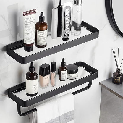 VOLPONE Bathroom Shelves Wall Mounted Glass Shelf for Floating Shelf Tempered Glass Shelves 2 Tier Bathroom Wall Organizer(Black)