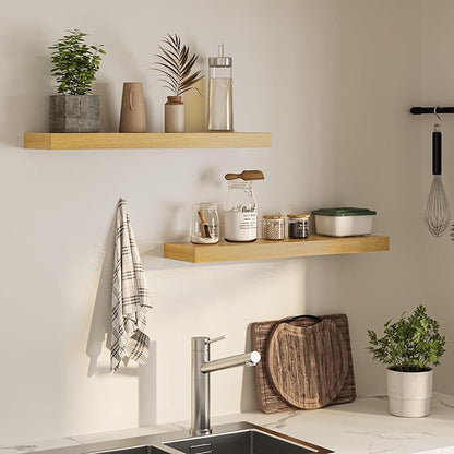 31.5 Inch Floating Shelves for Wall, Wooden Wall Mounted Display Shelves with Invisible Brackets for Living Room, Bedroom, Bathroom, Kitchen Decor and Storage, Set of 2, Oak