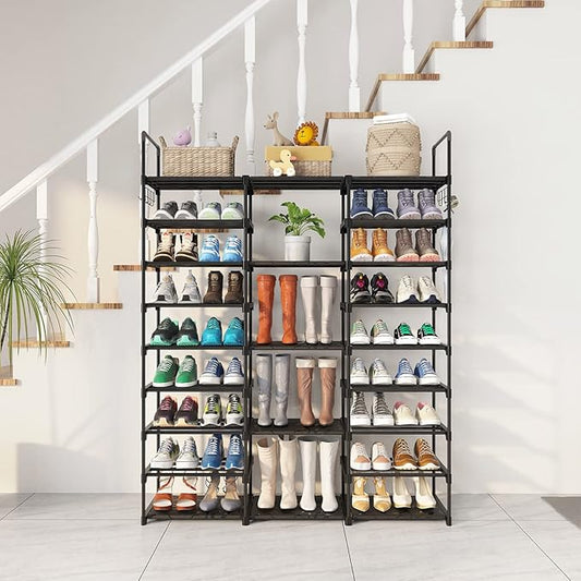 Caitlyn 9 Tier Large Shoe Rack Organizer, Holds 50-55 Pair Shoe Boots, Metal Shoe Shelf Storage Organizer, with Side Hooks Shoe Tower for Entryway Garage Living Room