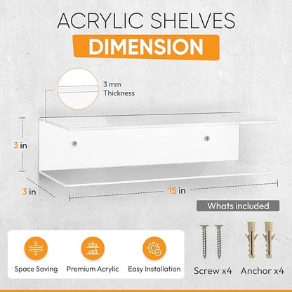 Clear Acrylic Floating Shelves - 2 Tier Wall Mounted Bathroom Organizer Set of 2 (15") - Space Saving Display Shelf for Makeup, Skincare, Kitchen Spices, & Home Decor