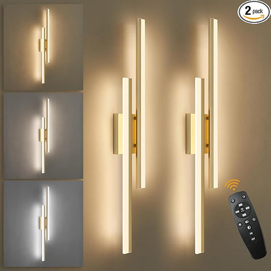 LED Wall Sconce Set of 2 Gold Remote Modern LED Vanity Lights Set of 2 Indoor Wall Light Fixtures for Living Room, Dimmable Wall Sconce for Bedside Bedroom Bathroom, 31.5inch 2 Pack