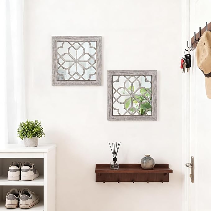 Boho Wall Mirror Decor, Set of 2 Rustic Farmhouse Accent Mirror 12x12 Inch, Square Shatterproof Vintage Style Mirrors for Wall, Small Decorative Mirrors for Living Room, Bedroom(Brown)