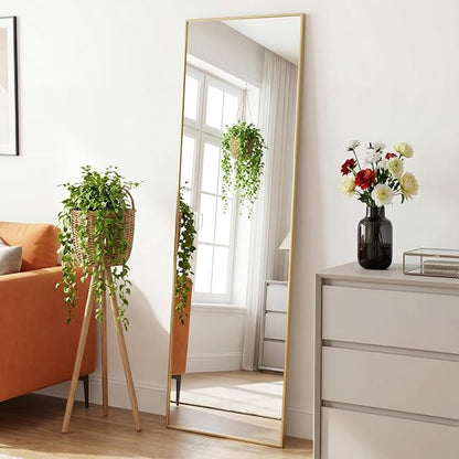 OLIXIS Full Length Mirror 59"x16.3" for Bedroom, Full Body Mirror with Stand, Hanging or Leaning for Wall, Aluminum Alloy Thin Frame Floor Standing for Living Room, Long, Gold