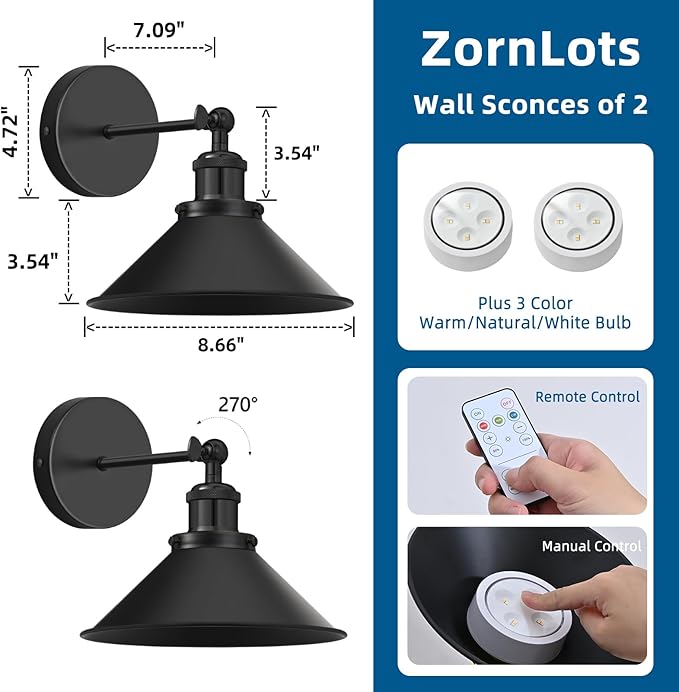 Battery Operated Wall Sconce Set of 2,Vintage Wireless Wall Sconces with Remote,Dimmable Led Wall Lights,Wall Lamp Fixture Indoor Bedroom Living Room Kitchen,LED Bulbs Included,Black