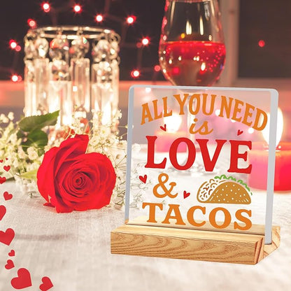Valentines Desk Decor, Happy Valentine's Day Home Office Table Sign for Porch Tiered Tray Shelf Party, Rustic Romantic Acrylic Gifts Decorations for Him Her Wife, All You Need is Love Tacos