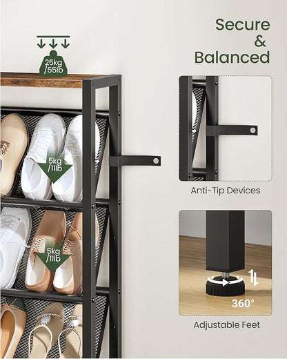 Shoe Rack, 5-Tier Slanted Shoe Rack, Narrow Shoe Storage Shelf, Slim Shoe Organizer for Entryway, Space-Saving, Wooden Top and Metal Frame, for Entryway, Hallway Rustic Brown and Black TXJ03BF