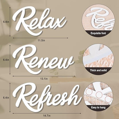 3 Pieces Bathroom Decor White Wooden Bath Room Sign Bathroom Wall Art Farmhouse Relax Renew Refresh Sign (White-large)