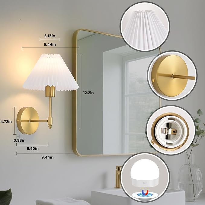Battery Operated Wall Sconces Set of 2, Gold Rechargeable Wall Lights with Remote, Dimmable Wall Lamp with Pleated Shade,15 Colors Wireless Bathroom Wall Sconce for Bedroom Living Room Hallway