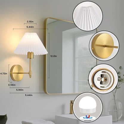 Battery Operated Wall Sconces Set of 2, Gold Rechargeable Wall Lights with Remote, Dimmable Wall Lamp with Pleated Shade,15 Colors Wireless Bathroom Wall Sconce for Bedroom Living Room Hallway