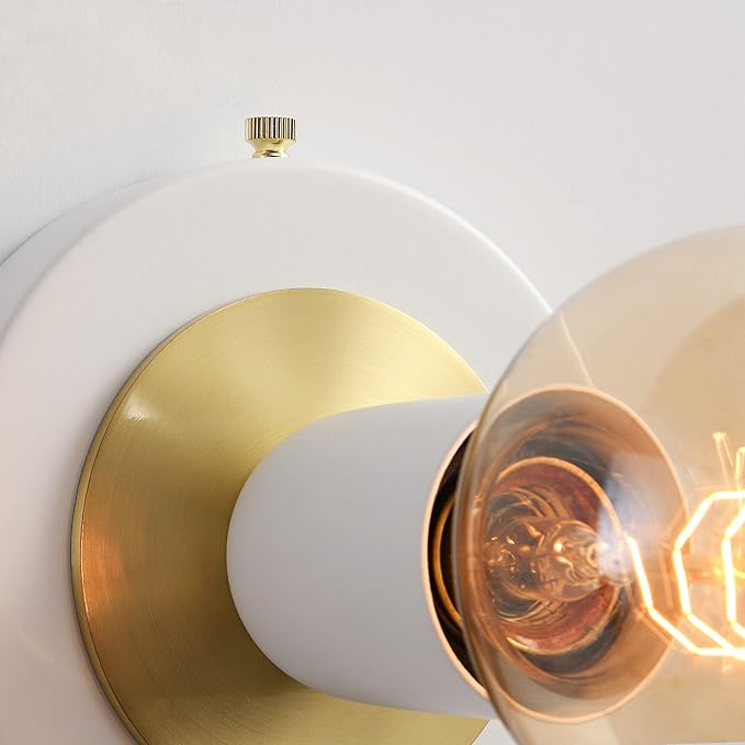 BRIGHTTIA Luna Uno 1-Light Wall Sconce - Mid Century Industrial Modern Flush Mount Fixture for Wall & Ceiling - Minimalist Lamp for Bathroom and Small Spaces - White & Gold (BC0026-1WG)