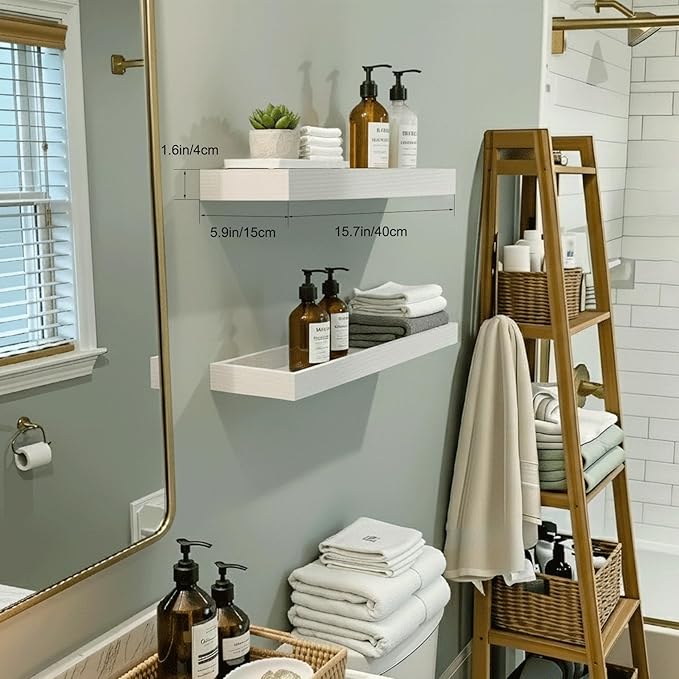 Floating Shelves for Wall, 15.7 Inch Picture Ledge with Raised Lip, Bathroom Shelves Over Toilet, Nursery Book Shelves, Kitchen Spice Rack, Wall Decor Display Ledge, Set of 2, White