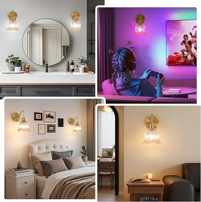 Battery Operated Wall Sconce Set of 2, Rechargeable Battery Powered Amber Wall Lights with 15 Colors, Vintage Glass Wall Lamp with Remote Control for Beside, Bedroom, Living Room