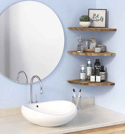 Wall Mounted Rustic Wood Round Edge Corner Shelf Storage Rack, Bookcase, Floating Shelves Home Decor for Bedroom, Living Room, Office and Kitchen, Set of 3 (Round Edge)