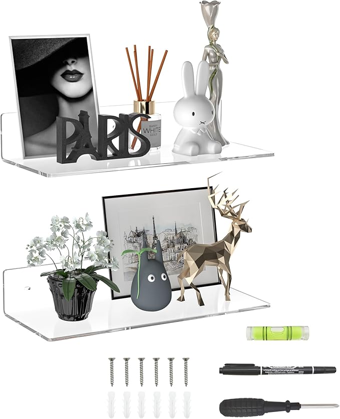 15 Inches Clear Acrylic Shelves, Wall Mounted Shelves for Bedroom, Wall Display Shelves for Collectibles, Funko Pop, Speaker, Plants, 2 Pack