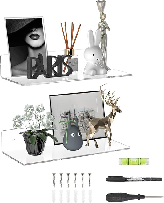 15 Inches Clear Acrylic Shelves, Wall Mounted Shelves for Bedroom, Wall Display Shelves for Collectibles, Funko Pop, Speaker, Plants, 2 Pack
