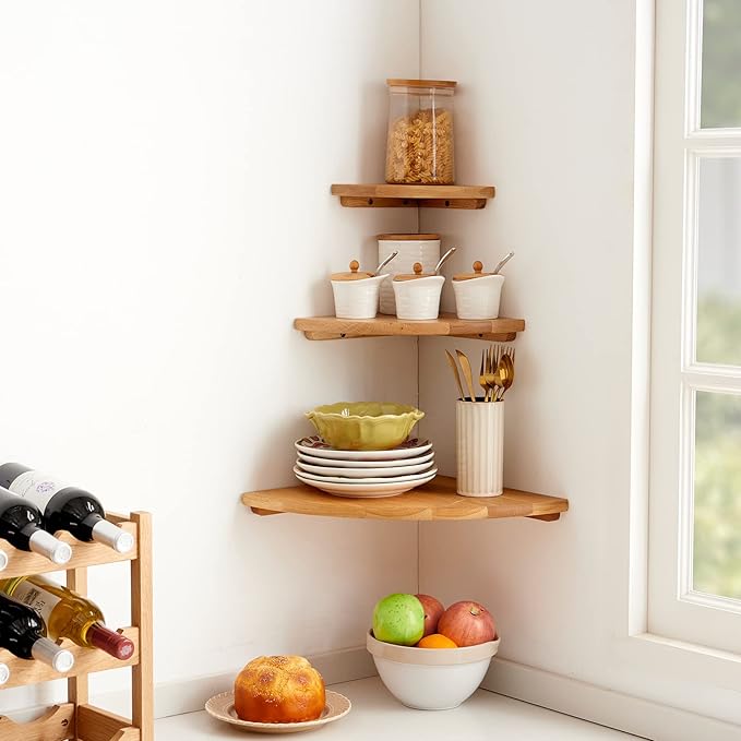 Oak Corner Shelf 10 inches Natural Wood Floating Corner Shelves Round End Wall Mounted Display Shelf Corner Plant Stand for Bathroom Kitchen Bedroom Livingroom Floating Shelves