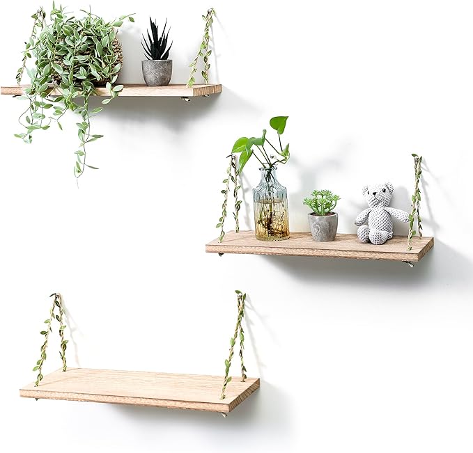 MITIME Leaf Rope Hanging Floating Shelves, Wall Swing Storage Shelf for Home Decor.17, 3-Pack (Light Color)