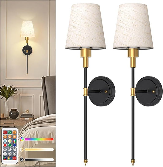 DORESshop Battery Operated Wall Sconce Set of 2, 7 Color Wireless Wall Light Easy to Install, Sconce Wall Decor Set of 2 for Bedroom, Living Room, Fabric Linen Shade, Gold and Black, 24.6in