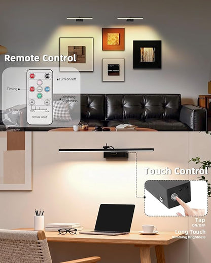 2 Pack Rechargeable Picture Light, 5200mAh Black Battery Operated Picture Lights for Wall with Remote Control, 300LM 3000K Warm White Light 16" Metal Dimmable Picture Light for Painting & Artwork