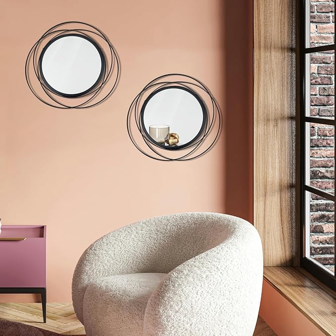 Cityelf 2 Set 13.3'' Black Circle Mirrors Wall Decor Iron Frame Wall Art Round Mirror Home Decor Hanging for Living Room/Bedroom/Bathroom/Entryway (Medium Size 13.3 inch,Circles)