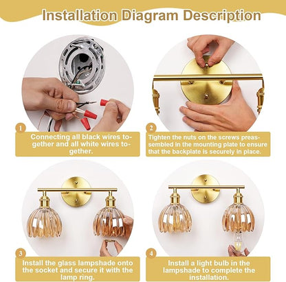 Vintage Bathroom Light Fixtures,2-Light Hardwired Vanity Lights with Clear Tulip Glass Shade,Gold Bathroom Vanity Light for Mirror Restroom,E26 Socket,14.57 in(Bulbs Not Included)