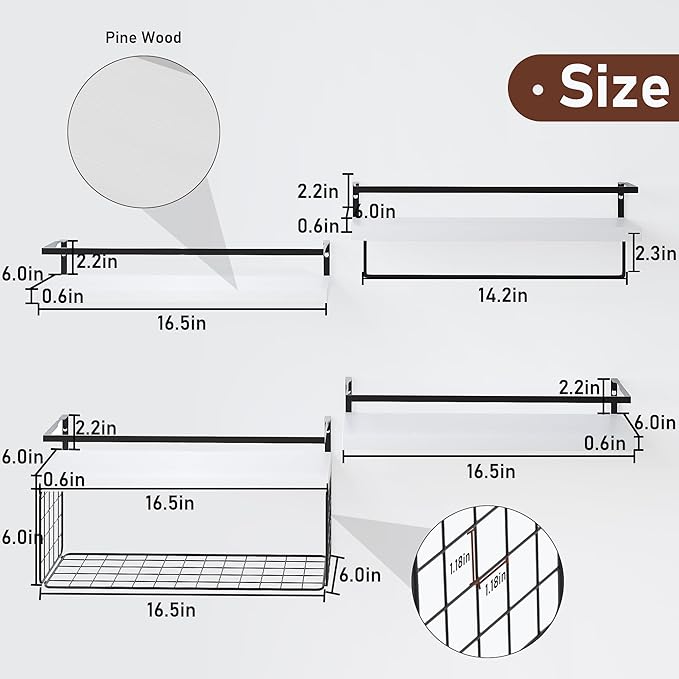 White Wood Floating Shelves Wall Mounted - 4+1 Tier Rustic Bathroom Wall Shelves Over Toilet with Wire Storage Basket and Towel Bar, set of 4 Farmhouse Floating Shelf for Bathroom, Kitchen, Bedroom.
