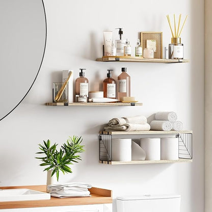Fixwal 3+1 Tier Bathroom Floating Shelves Over Toilet, 15.8in Farmhouse Rustic Wood Shelves, Wall Decor for Bathroom, Living Room,Bedroom and Kitchen (Rustic Brown)