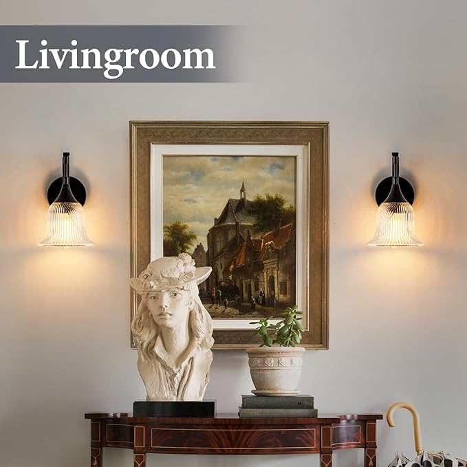 1-Light Black Wall Light,Bathroom Wall Sconce Modern Sconce Light Indoor with Textured Glass Shade,Hardwired Wall Sconce for Living Room Hallway Bedroom Kitchen(E26