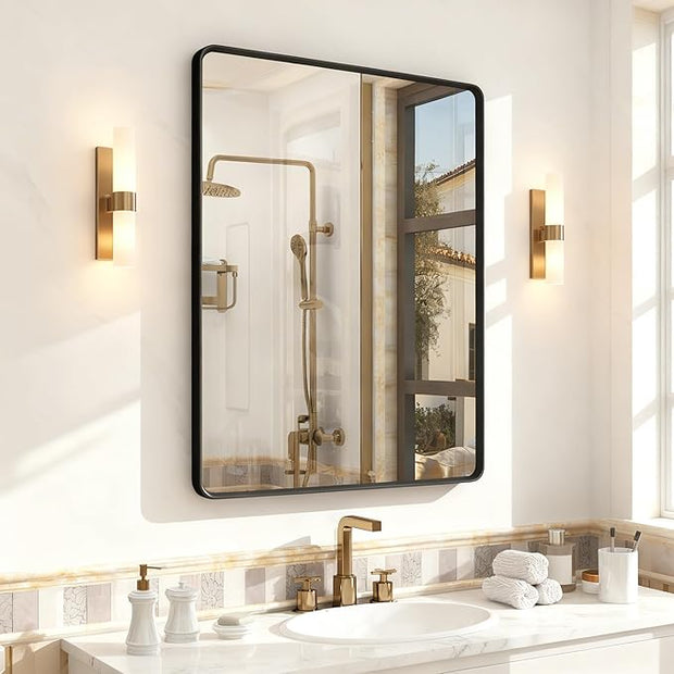 OKPAL 28X36 Inch Black Metal Framed Bathroom Mirror for Wall, Matte Black Bathroom Vanity Mirror, Black Rounded Rectangle Modern Mirror, Rustproof, Shatter-Proof (Horizontal/Vertical)