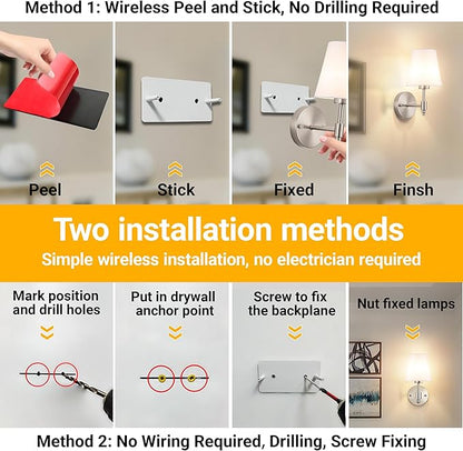 Peel and Stick Wall Sconces, Stick On Wall Sconce Set of 2, Battery Operated Wireless Wall Light, No Drill Adhesive Wall Lamp, Corn Bulb with 10000mAh Rechargeable Battery, Bedroom Wall Decor