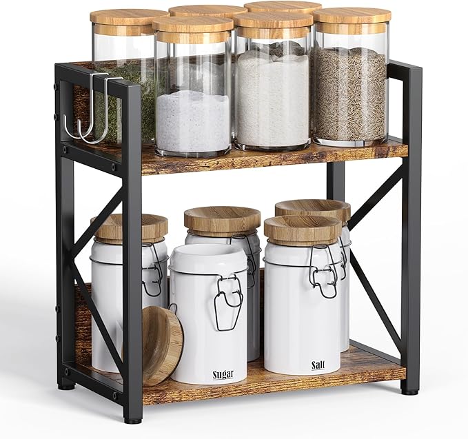 Spice-Rack-Organizer-Shelf for Kitchen Counter, 2 Tiers Coffee Bar Station Organizer for Countertop，Space Saving Desk Shelving Riser Unit (Rustic Brown, Small)