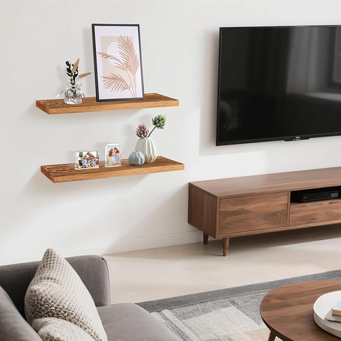 Solid Wood Floating Shelves Bathroom 24 inch Rustic Wall Wood Display Shelves with Grooves Set of 2 Home Decor for Living Room Bedroom Kitchen Farmhouse 24x6.7 inch - Brown