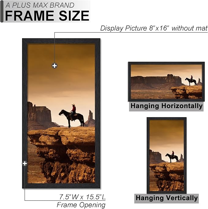 A PLUS MAX 8x16 Picture Frame Set of 4, Black Engineered Wood Frame for 8 x 16 Inch Picture Poster Photo, Light Weight 8 by 16 Frame with Wood-grain for Wall - 4 Pack/Black/8