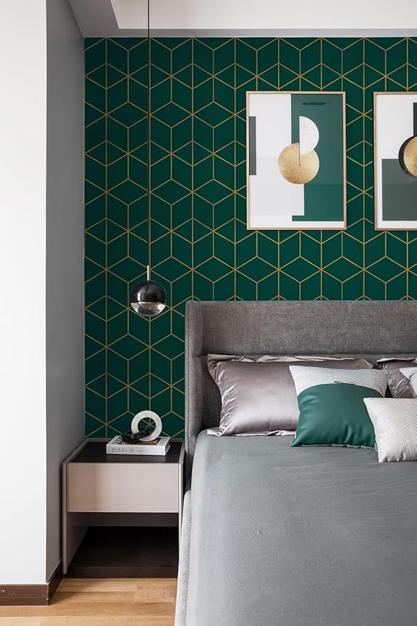 Safiyya Peel and Stick Wallpaper Gold and Dark Green Wall Paper Geometric Contact Paper Self Adhesive Removable Wallpaper for Walls Vinyl Roll 118