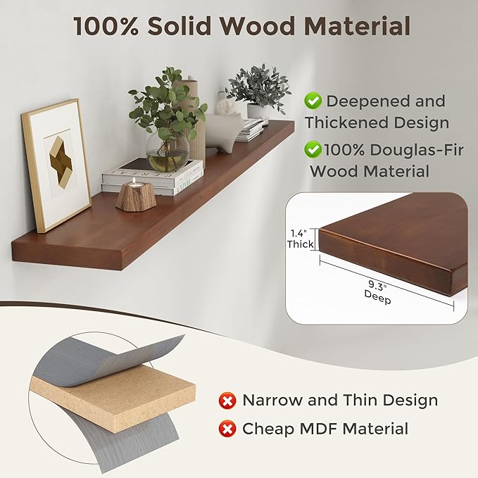 Axeman 72 Inch Floating Shelves for Wall, 9.3" Deep High End Solid Real Wood Wall Shelves with Heavy Duty Invisible Bracket for Living Room, Bedroom, Kitchen, Bathroom, Set of 1, Walnut Finish