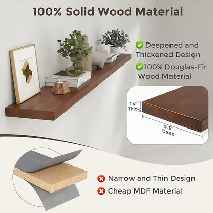 Axeman 72 Inch Floating Shelves for Wall, 9.3" Deep High End Solid Real Wood Wall Shelves with Heavy Duty Invisible Bracket for Living Room, Bedroom, Kitchen, Bathroom, Set of 1, Walnut Finish