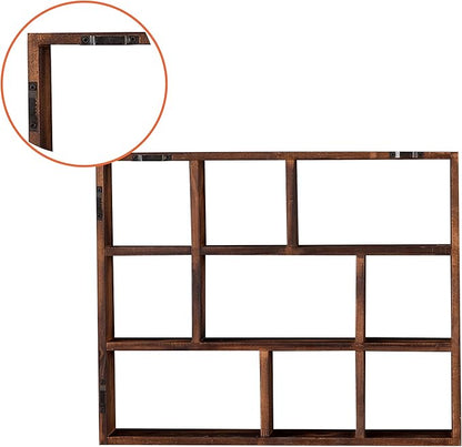 SOFE Small Brown Wood Shadow Box with Shelves, 3 Tier Wall Shelving Unit, 9-Compartment Wall Mounted Curio Cabinet, Knick Knack Display Shelf, Floating Cube Shelves for Walls, Shot Glass Display Case