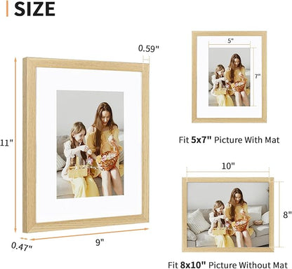 ATOBART 8x10 Picture Frame Set of 4, Displays 5x7 with Mat or 8x10 Without Mat, Photo Frames for Wall Hanging or Tabletop, Includes HD Plexiglass, Natural Wood Grain
