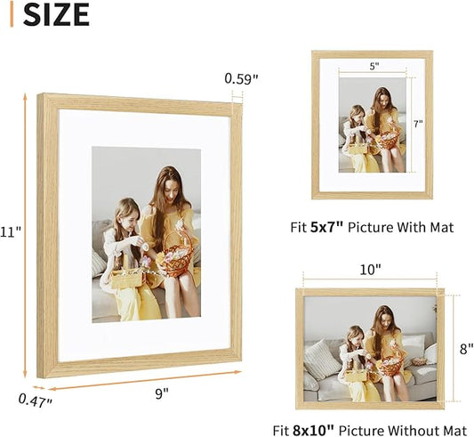 ATOBART 8x10 Picture Frame Set of 4, Displays 5x7 with Mat or 8x10 Without Mat, Photo Frames for Wall Hanging or Tabletop, Includes HD Plexiglass, Natural Wood Grain