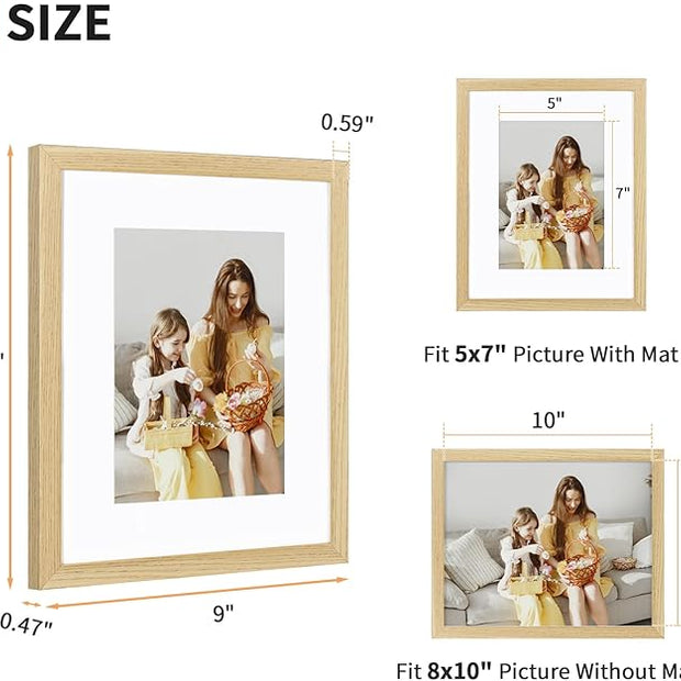 ATOBART 8x10 Picture Frame Set of 4, Displays 5x7 with Mat or 8x10 Without Mat, Photo Frames for Wall Hanging or Tabletop, Includes HD Plexiglass, Natural Wood Grain