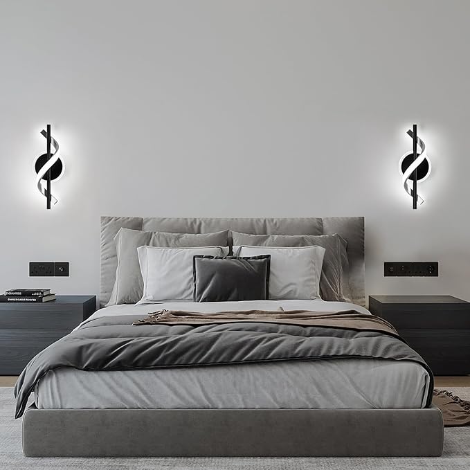 LED Wall Sconces Indoor, 12W LED Wall Mount Lights, Modern Spiral Wall Lamp, 6000K Cold Light Fixture for Stairs, Living Room, Bedroom, Aisle, Hallway (Cold White, Black)